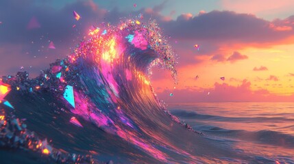 Vibrant Crystal Wave with Luminous Reflections at Sunset