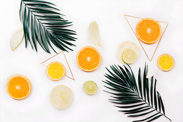 Citrus Fruits and Tropical Leaves Flat Lay