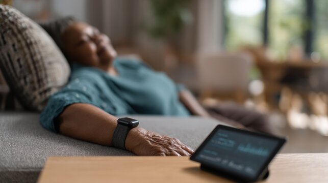 Relaxed individual rests on couch, wearing smartwatch, while digital display shows health metrics nearby. serene atmosphere highlights comfort and technology in daily life
