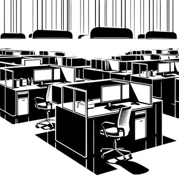 Black and White Vector Silhouette of Office Cubicles with Empty Chairs