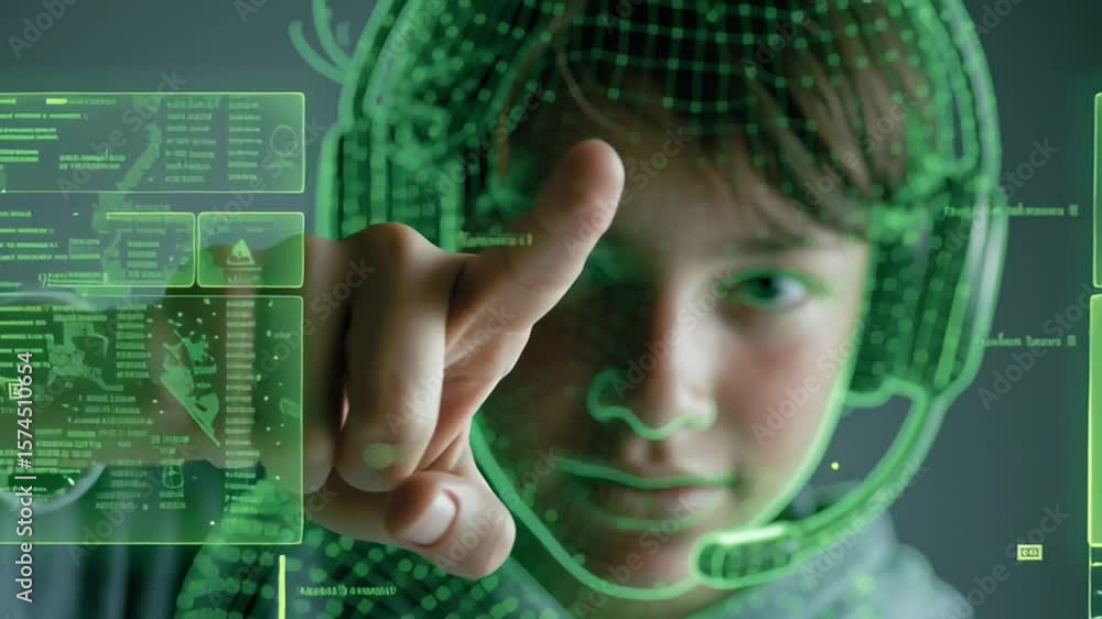 Poster digital navigator: a young boy with headset engages with an augmented reality interface, pointing co