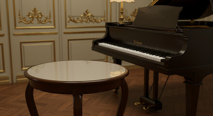 Elegant Black Grand Piano with Ornate Details in a Classic Room