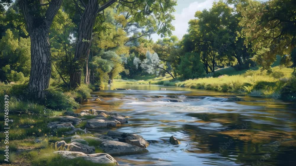 Poster a serene forest scene with a stream running through it
