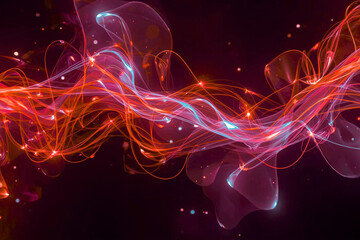 Abstract red and blue neon light waves on dark