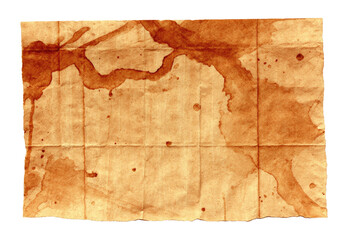 Old folded napkin with turmeric stains, brown marks, and textured paper surface, isolated on transparency background, evokes vintage and rustic feeling, perfect for design or background use