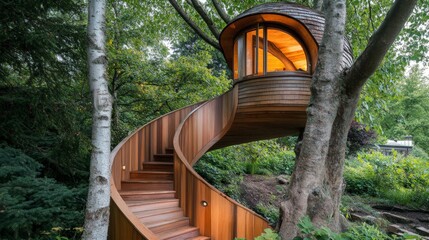 Spiral Shell Treehouse in a Serene Forest Scene