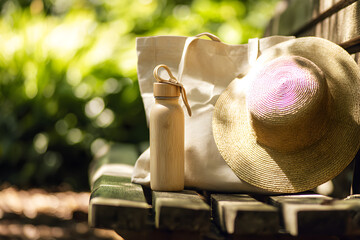 Summer Essentials: Hat and Water Bottle on a Bench