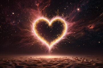 Glowing heart shape in cosmic night sky