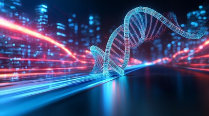 Abstract DNA Helix in Futuristic Cityscape