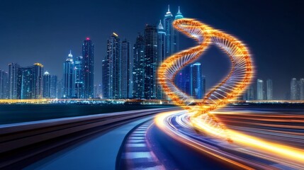 Futuristic DNA Helix in Abstract Cityscape at Night