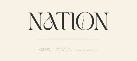 Nation Elegant logo font alphabet. Luxurious Glamour Exclusive Regular Font. Uppercase Lowercase and Number. Minimal Fashion Design
