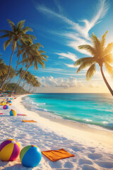 Tropical beach with palm trees and colorful beach balls