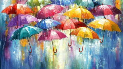 Colorful Umbrellas in a Dreamlike Rain Setting