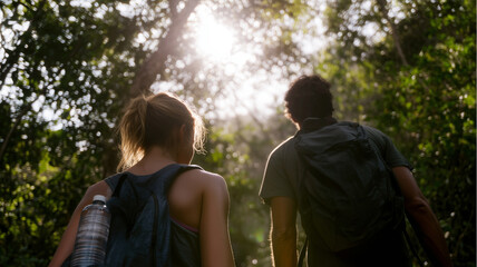Fototapeta premium Eco friendly travelers hiking through lush green forest, sunlight filtering through trees, adventure, nature, happiness