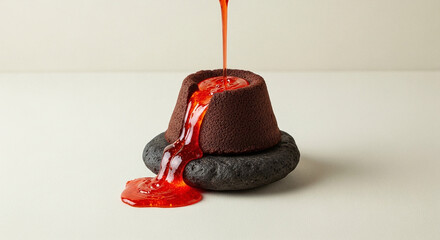 Gourmet Chocolate Volcano Dessert with Flowing Red Berry Sauce on Dark Stone