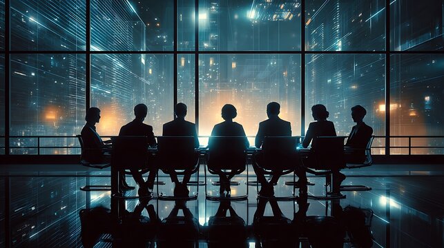 Diverse team in silhouette gathers for a meeting overlooking a futuristic cityscape at night - Powered by Adobe