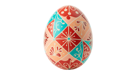 A patterned Easter egg with a geometric design squares of red teal and peach against a black background