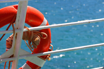 Lifebuoy on the boat. Selective focus.