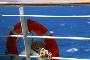 Lifebuoy on the boat. Selective focus.