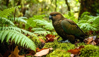 Forest parrot resting on moss ground high resolution photo