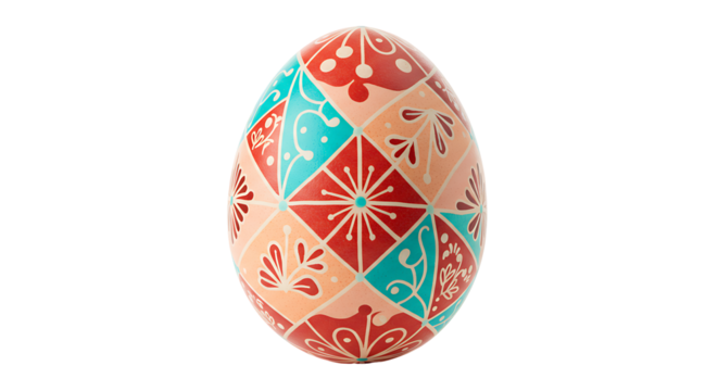 A patterned Easter egg with a geometric design squares of red teal and peach against a black background
