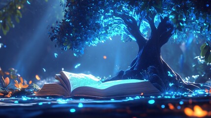 Mystical Tree Growing from Open Book in Forest