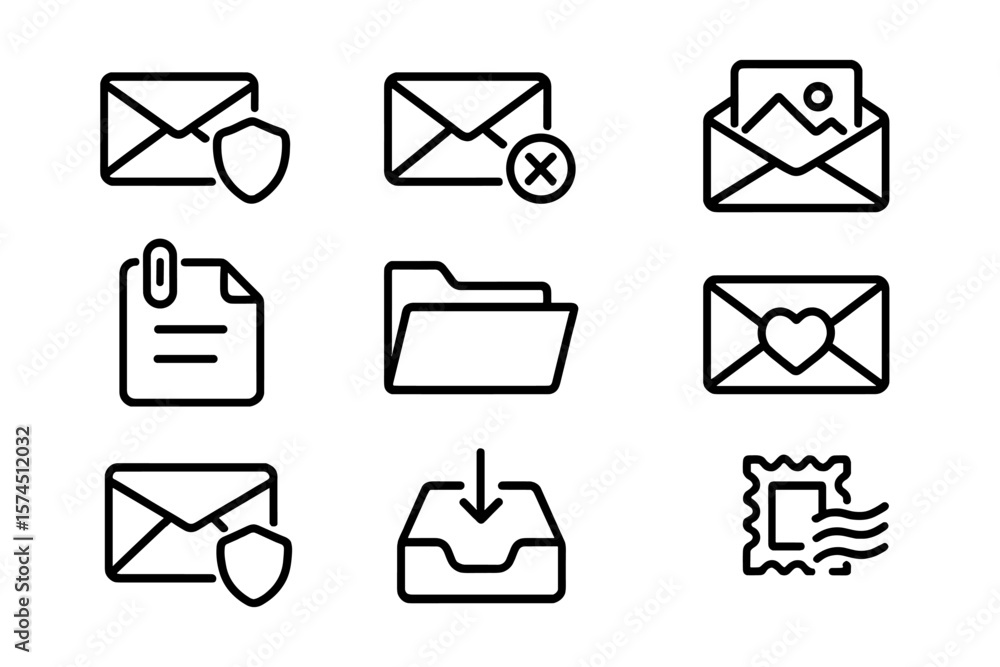 Poster email and document icon set: minimalist line style with security and multimedia elements