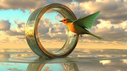 Bird Flying Through Liquid Mirror in Surreal Sky