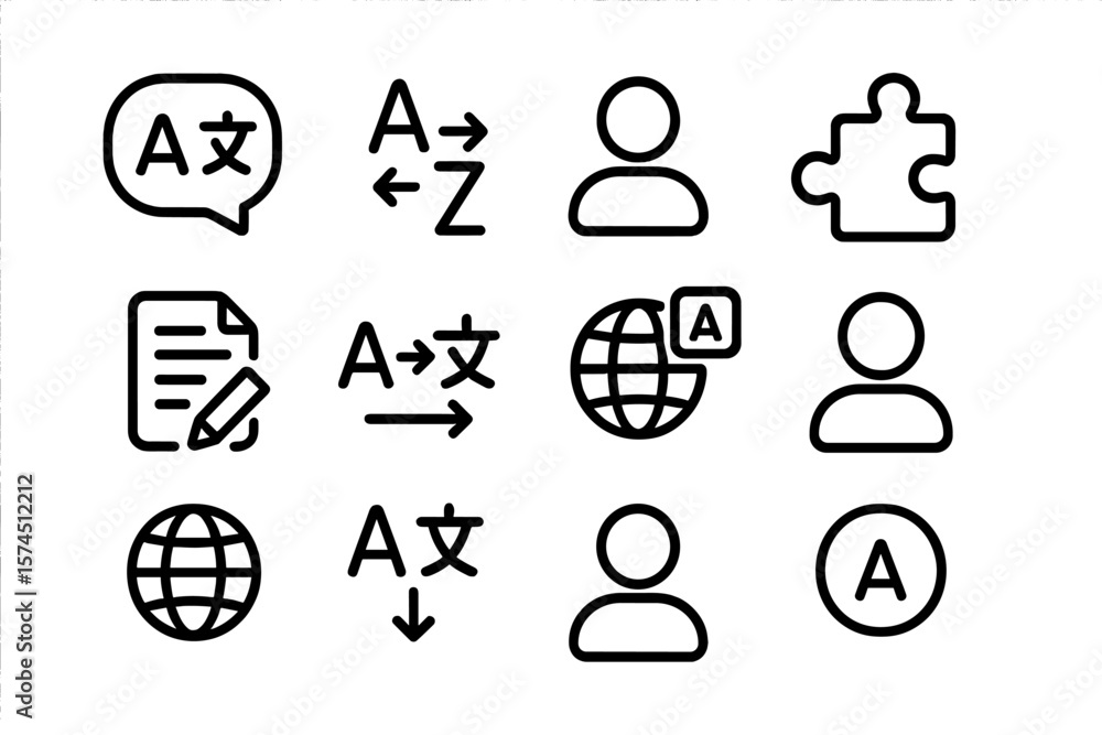 Poster minimalist language and communication icons set on dark background