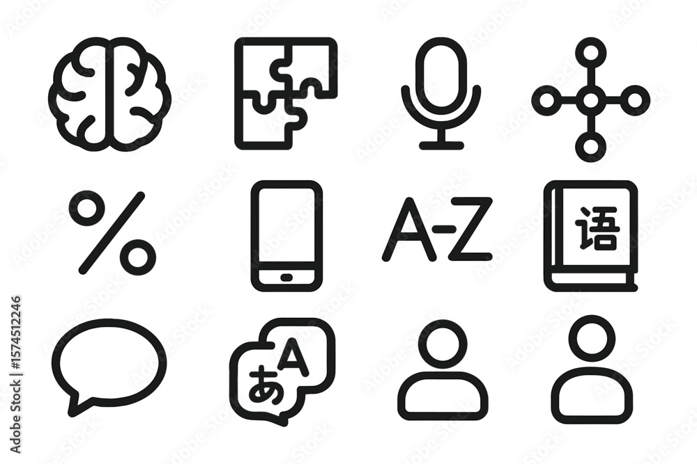 Poster monochrome linear icons for communication and language learning