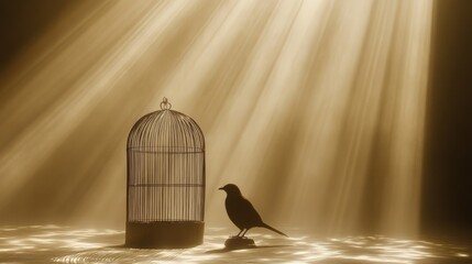 Ethereal Bird in Light Beams with an Open Cage