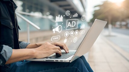 Digital marketing commerce online sale concept, Businessman use laptop with advertising on website. planning advertising marketing strategies to target social media native, ad, advertisers, sales.