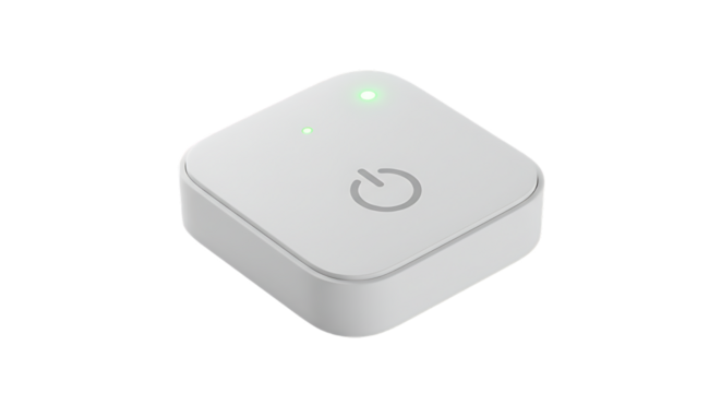 Small Square White Smart Home Device with Power Button and Green LED Light