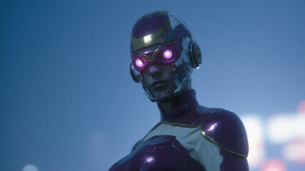 Futuristic female android in purple and white armored cyberpunk bodysuit with glowing eyes, mysterious mood