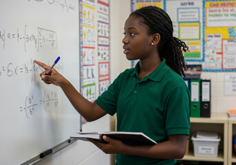 Young student solving math problem on classroom whiteboard