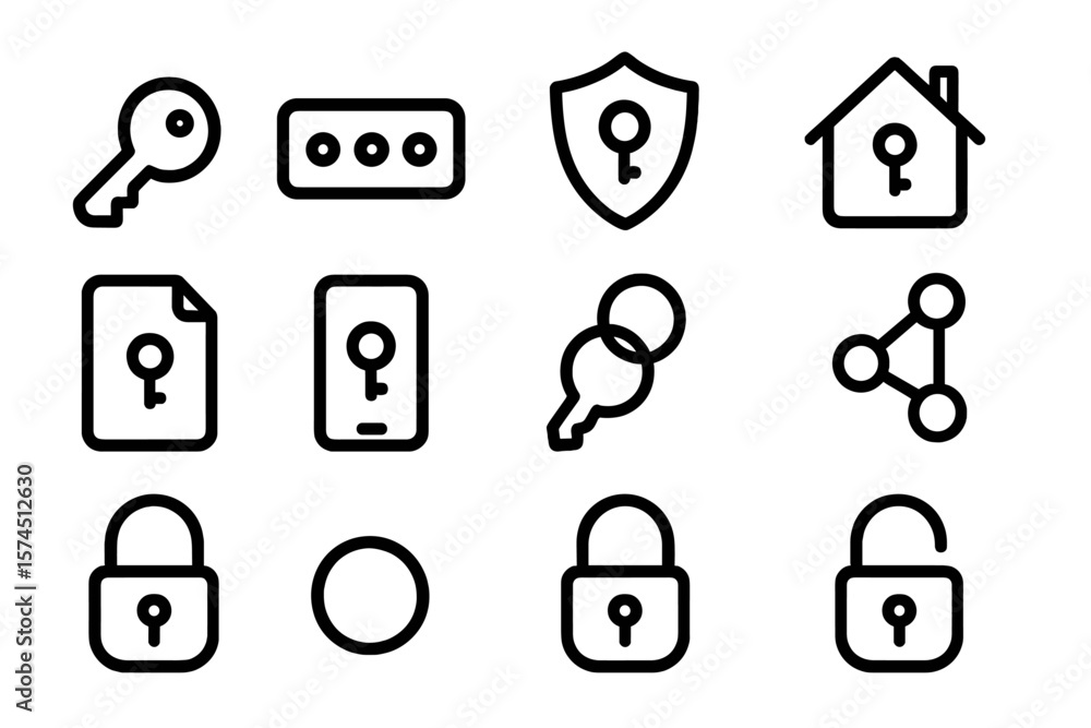 Poster security icons set featuring lock and key symbols in a linear design style