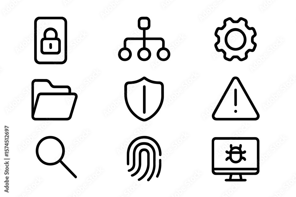 Poster minimalistic security and technology icons set on dark background for digital use