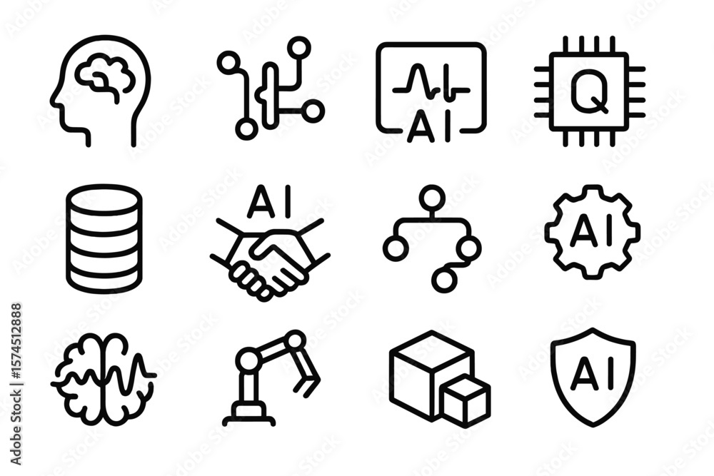 Aufkleber ai and technology icons in minimalist linear style on dark background