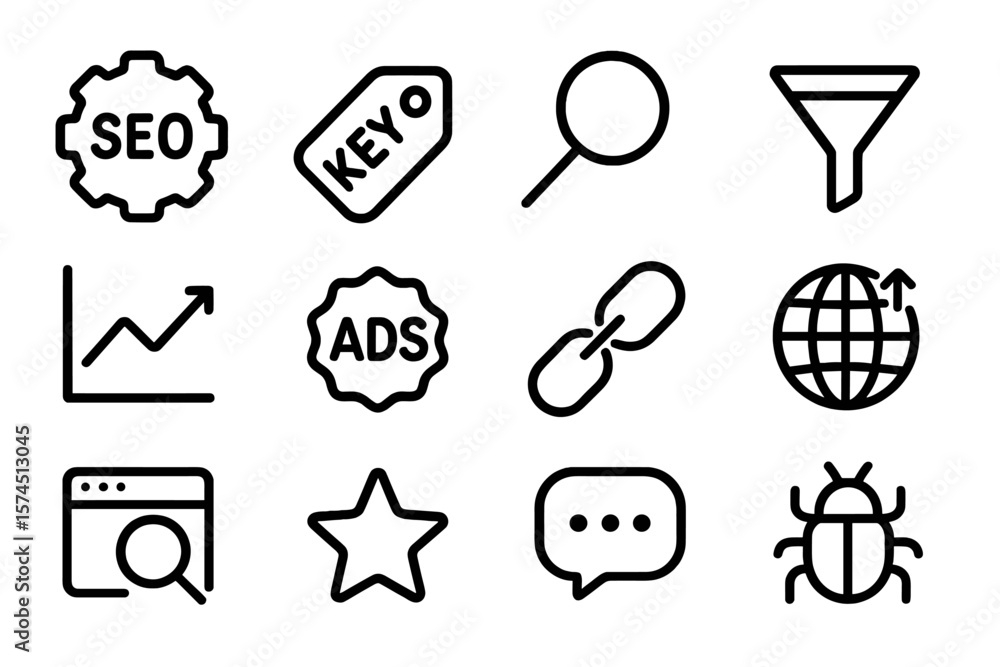 Poster digital marketing icon set featuring seo and keyword elements in linear style