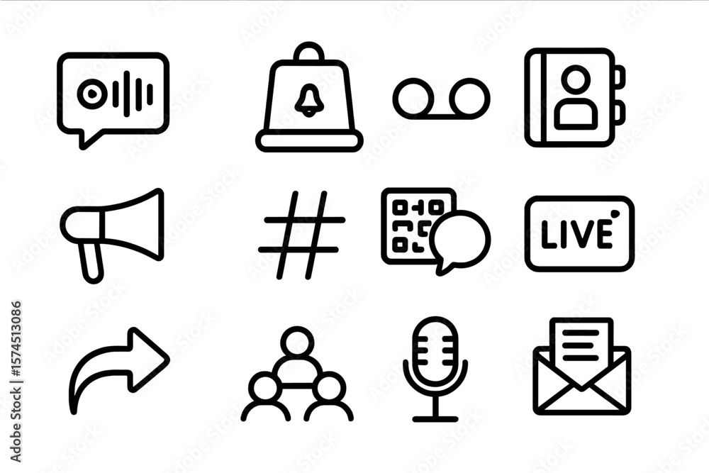 Poster modern icons set: messaging, notifications, contacts, and more in linear style