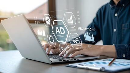 Digital marketing commerce online sale concept, Businessman use laptop with advertising on website. planning advertising marketing strategies to target social media native, ad, advertisers, sales.