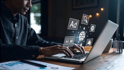 Digital marketing commerce online sale concept, Businessman use laptop with advertising on website. planning advertising marketing strategies to target social media native, ad, advertisers, sales.