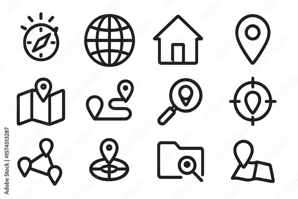 Poster minimalistic icon set featuring navigation and map symbols on dark background