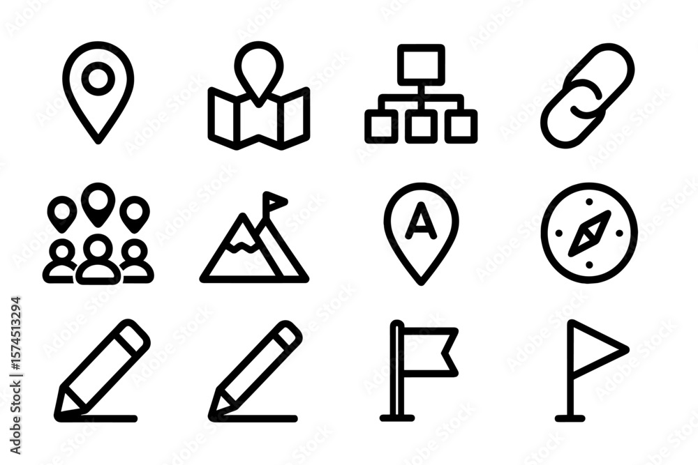 Poster collection of minimalist map and navigation icons in black and white