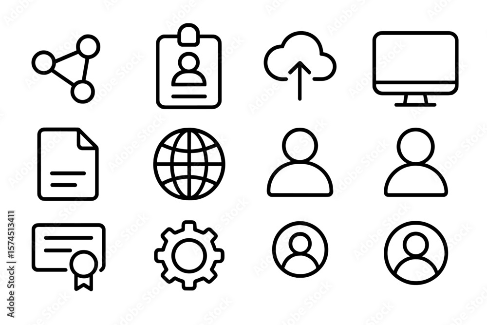 Poster minimalist black line icons set on gradient background for digital and network themes