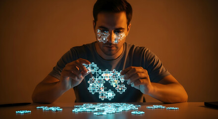 Man arranging illuminated abstract puzzle