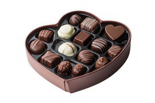 Delicious assorted chocolate candies in heart shaped box, gourmet sweet treats, valentine's day gift, food photography isolated on transparent background