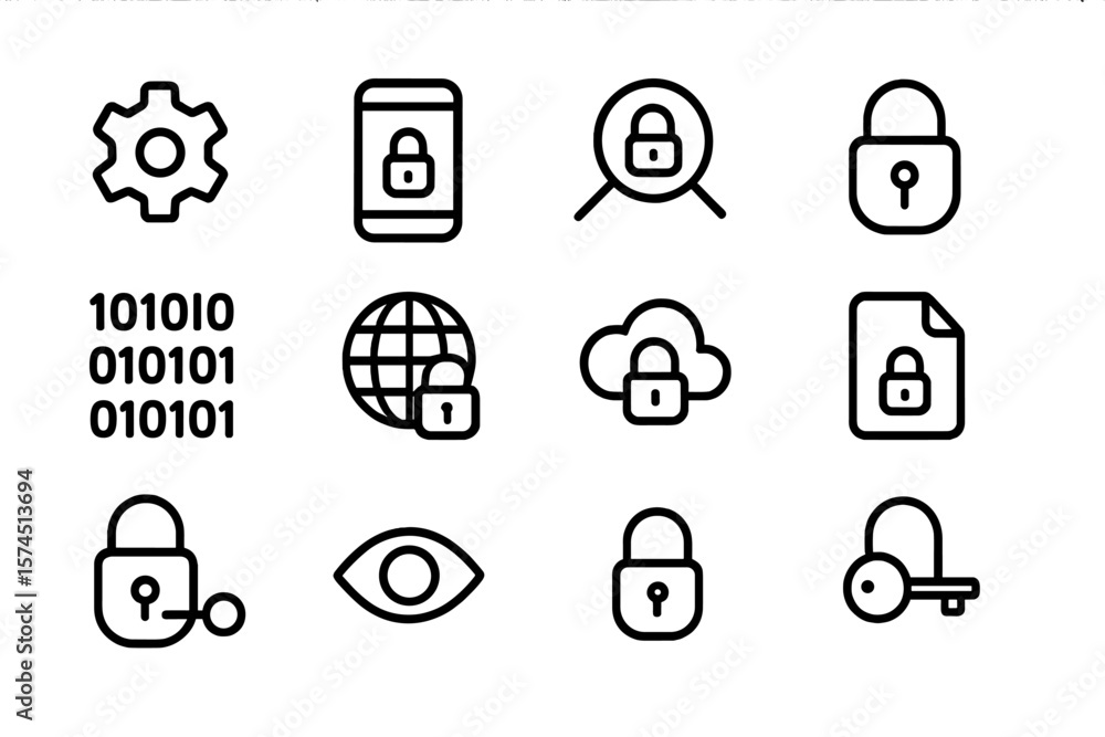 Aufkleber secure technology icons set: lock, privacy, and cybersecurity elements in linear style