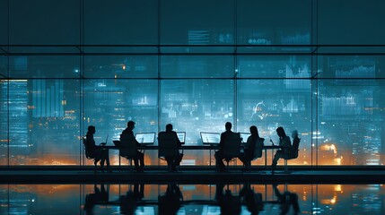 Silhouetted business team collaborates in a modern office with a panoramic view of a futuristic cityscape at night