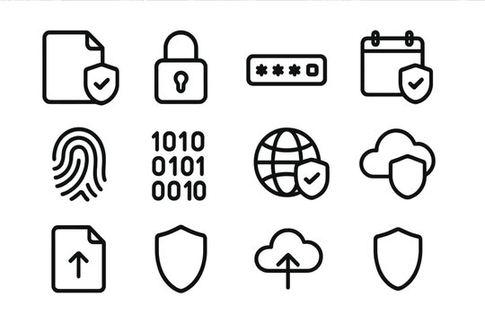 Minimal security icon set highlighting data protection and privacy themes